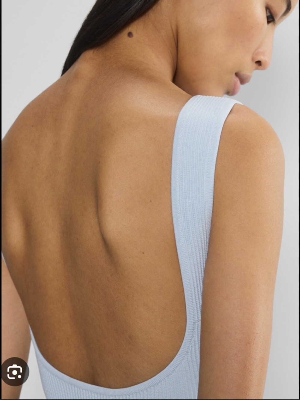 Aritzia Babaton Sculpt Knit Top in light blue. Low back and boatneck